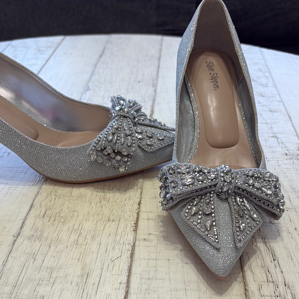 Silver Slipper Embellished Women's Heels